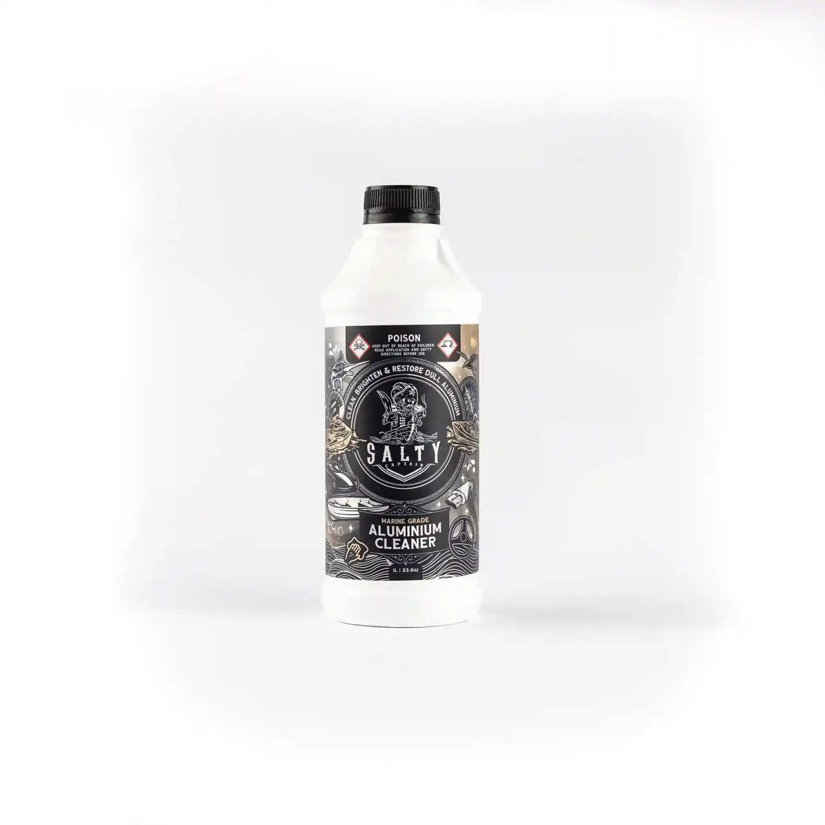 Bottle of 'Salty' aluminum cleaner on a white background
