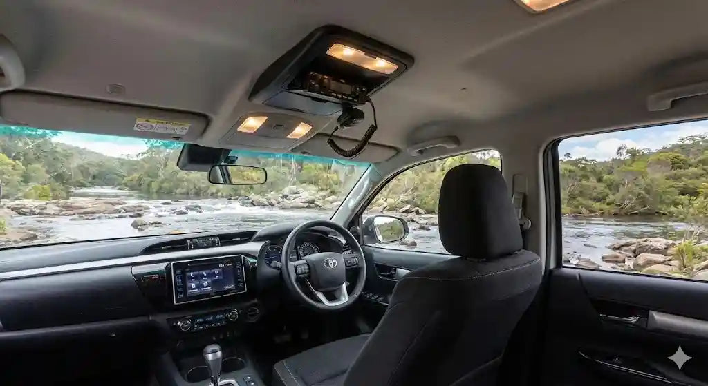 Interior view of Toyota Hilux N80 SR5 with 4WD Interiors roof console installed.