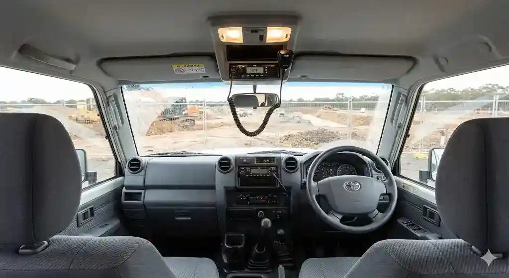 Interior view of 2020 LandCruiser 79 Series Single Cab with 4WD Interiors roof console installed