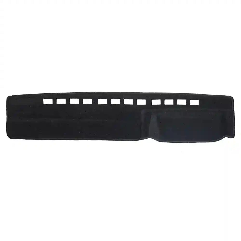 Black car dashboard cover with cutout for controls on a white background