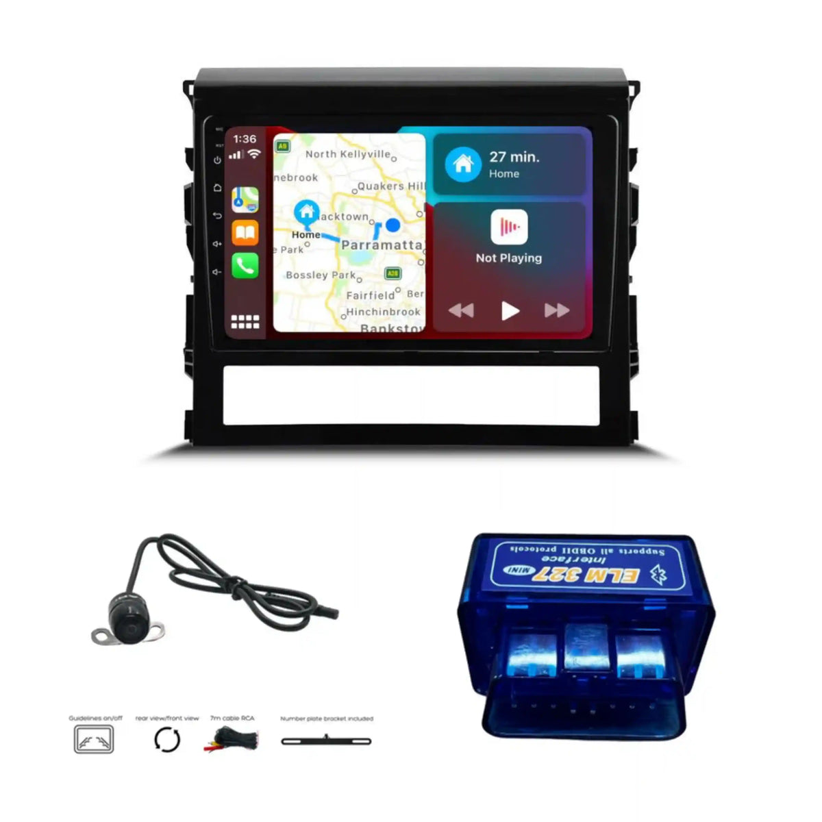 Car multimedia system with touchscreen display, rearview camera, and blue device on a white background