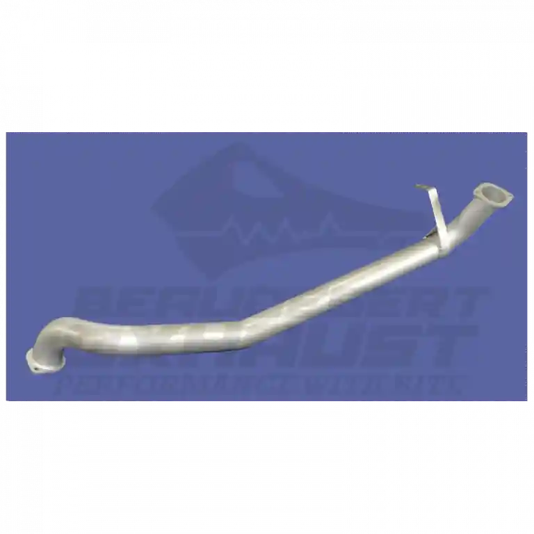 Metal exhaust pipe on a blue background with a brand logo.