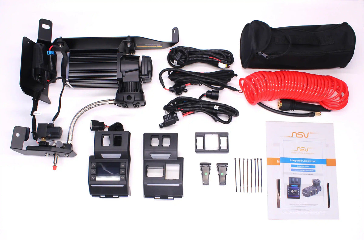 Automotive air pressure system components including wiring, connectors, and a coiled red cable on a white background.