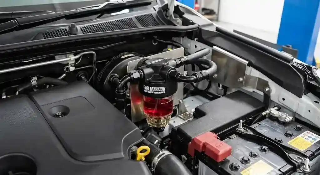 Fuel Manager Pre-Filter Kit installed in Toyota Hilux N80 1GD-FTV engine bay