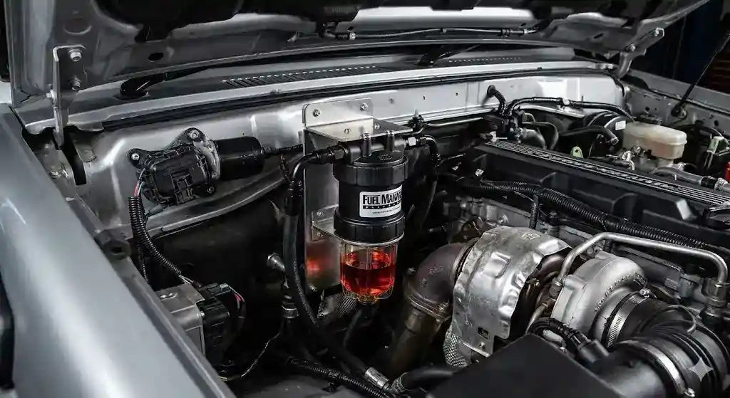 Fuel Manager Pre-Filter Kit installed in Toyota LandCruiser VDJ79 engine bay