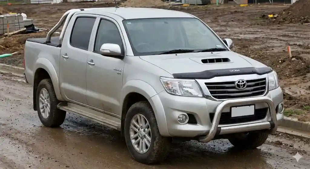 Front view of Silver Toyota Hilux N70 SR5 (2008 Model) with OCAM Bonnet Protector installed.