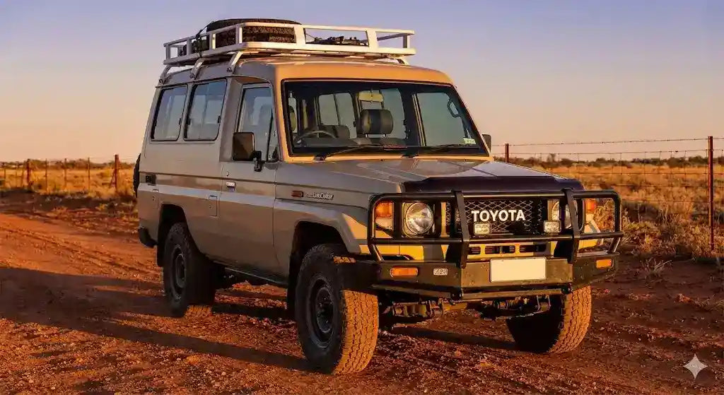 Front view of Dune Beige Toyota LandCruiser 75 Series Troop Carrier (1995 Model) with OCAM Bonnet Protector installed.
