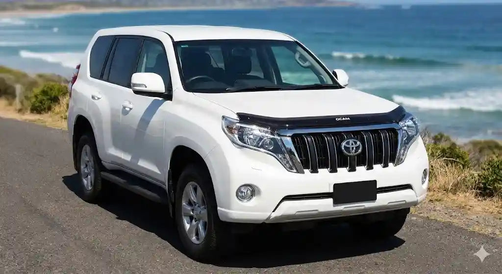 Front view of White Toyota Prado 150 Series (2015 Facelift) with OCAM Bonnet Protector installed.