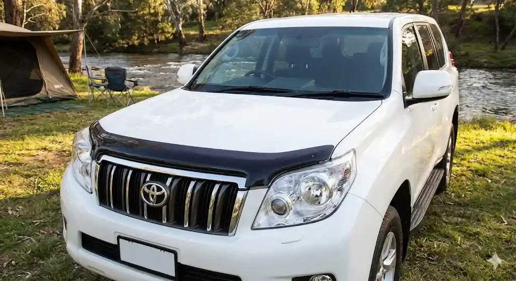 Front view of Glacier White Toyota Prado 150 Series GXL (2011 Model) with OCAM Bonnet Protector installed.