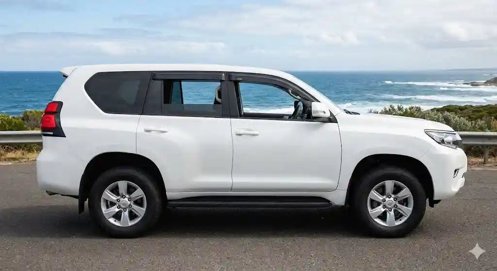 Side view of White Toyota Prado 150 Series GXL with OCAM weather shields installed on front and rear doors.