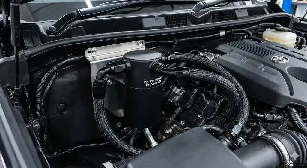 Direction-Plus ProVent catch can kit installed in a Toyota LandCruiser 300 Series engine bay