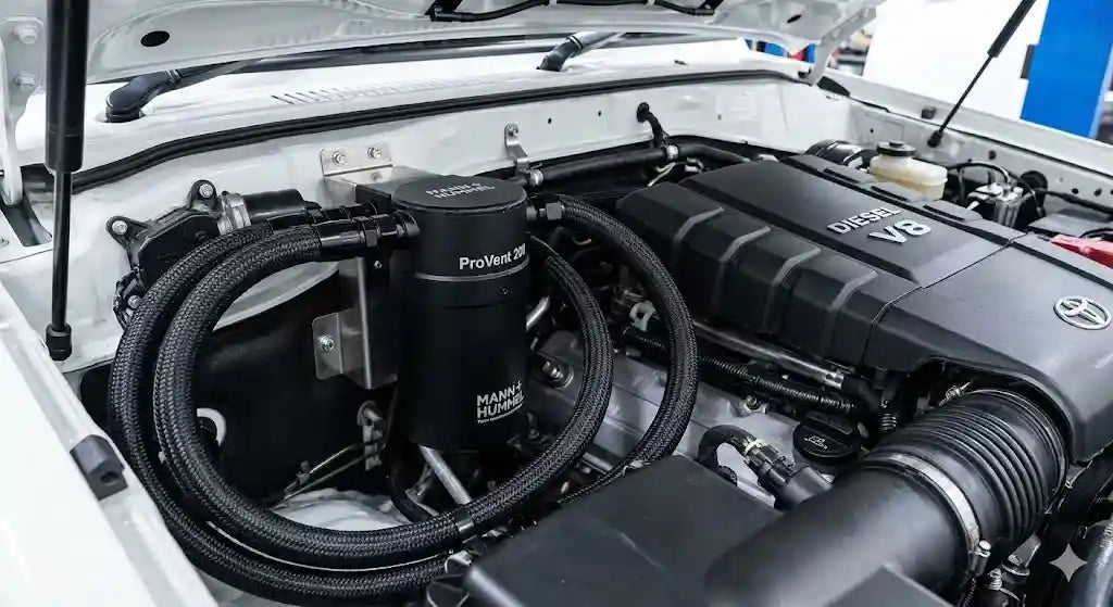 ProVent 200 Catch Can Kit installed in Toyota LandCruiser 70 Series V8 engine bay