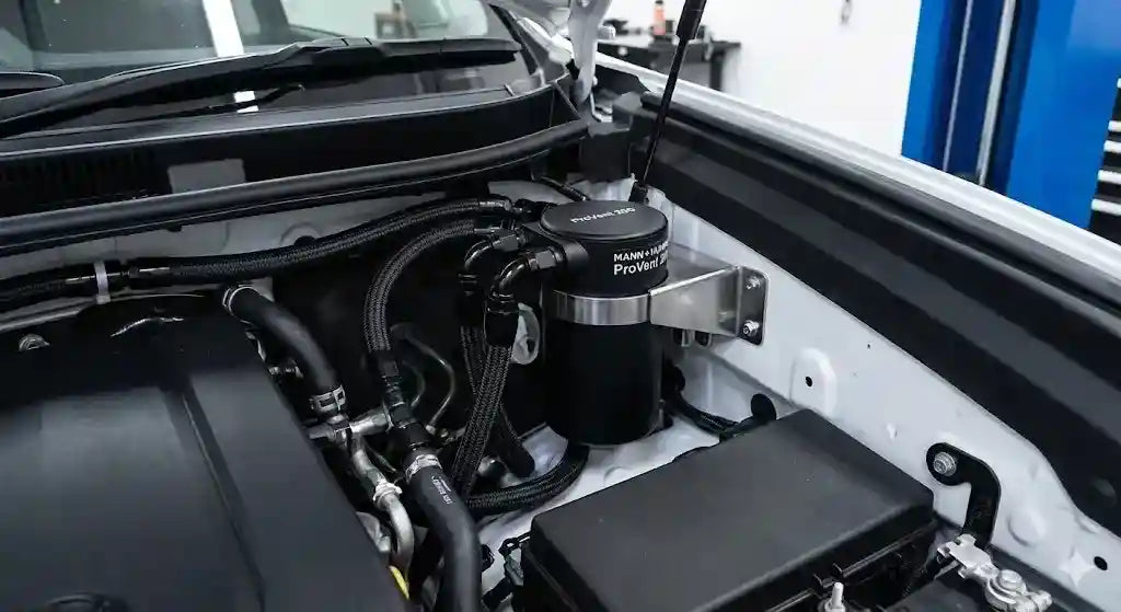 Direction-Plus ProVent catch can kit installed in a Toyota Prado 150 Series engine bay