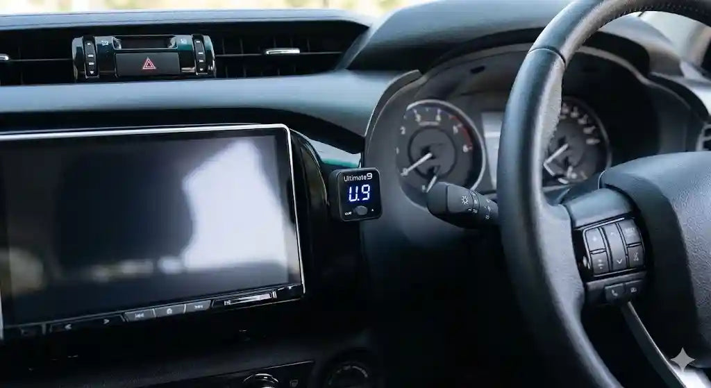 Interior view of Toyota Hilux N80 SR5 dashboard showing Ultimate9 EVC Throttle Controller.