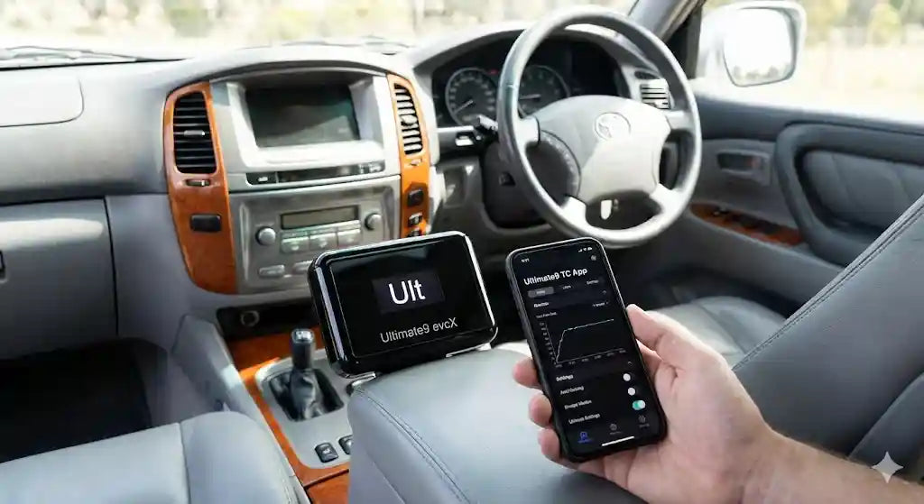 Ultimate9 evcX Throttle Controller installed in Toyota LandCruiser 100 Series V8 dashboard showing OLED display and smartphone app control