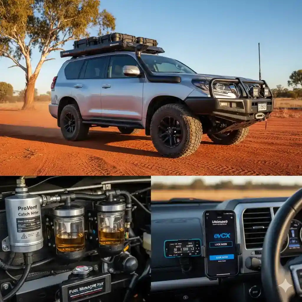 Toyota Prado 150 set up for outback touring with a bull bar, roof rack, catch can and throttle controller