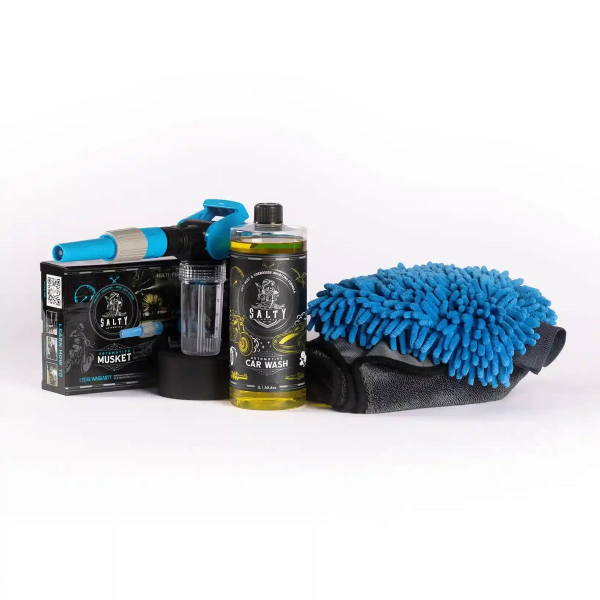 Car Wash Starter Kit including a bottle, spray gun, and microfiber towel on a white background