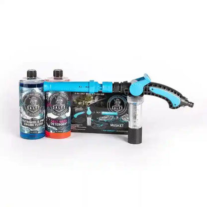 Wash & Flush Rescue Package including bottles and a pressure washer on a white background