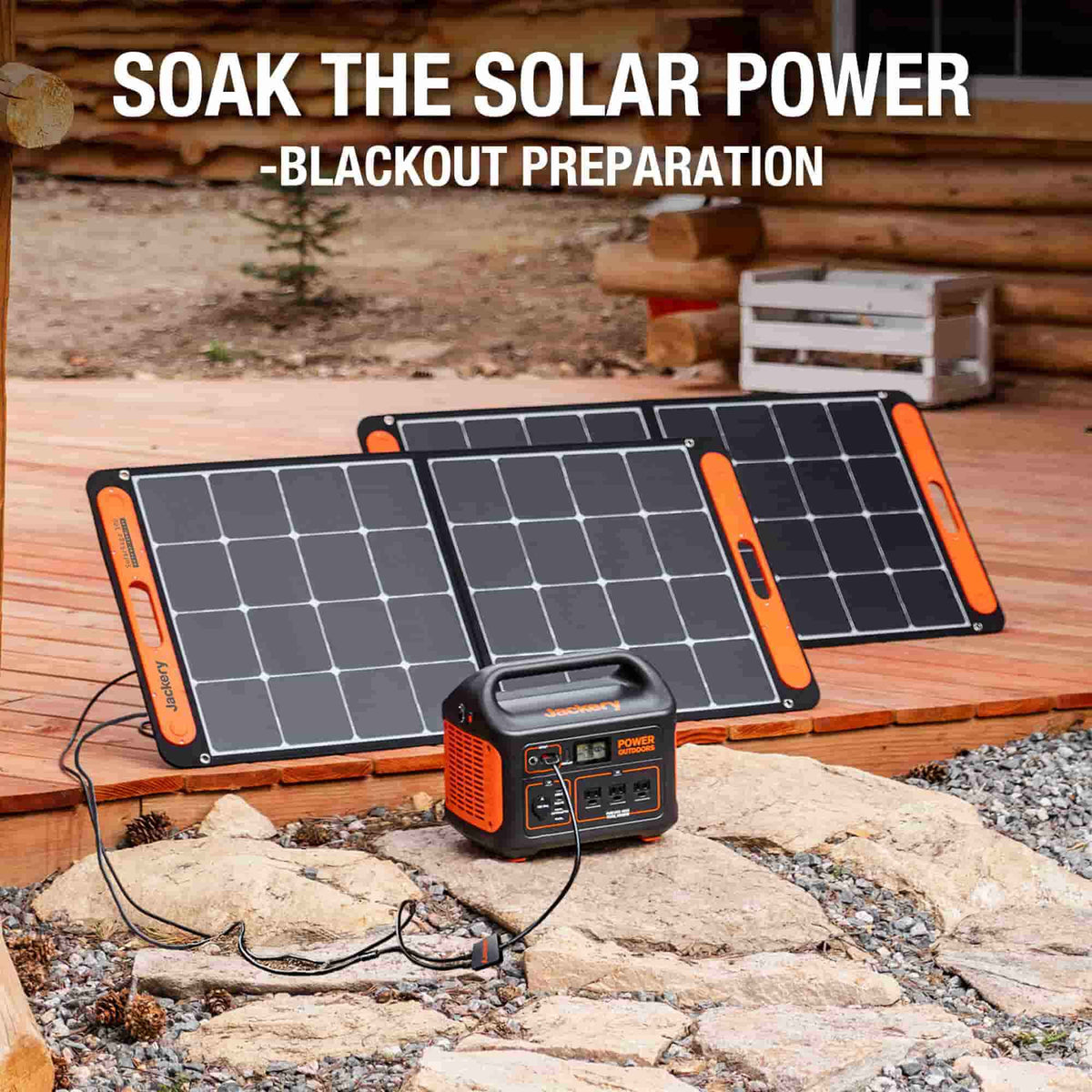 Solar power station with two solar panels on a wooden deck.