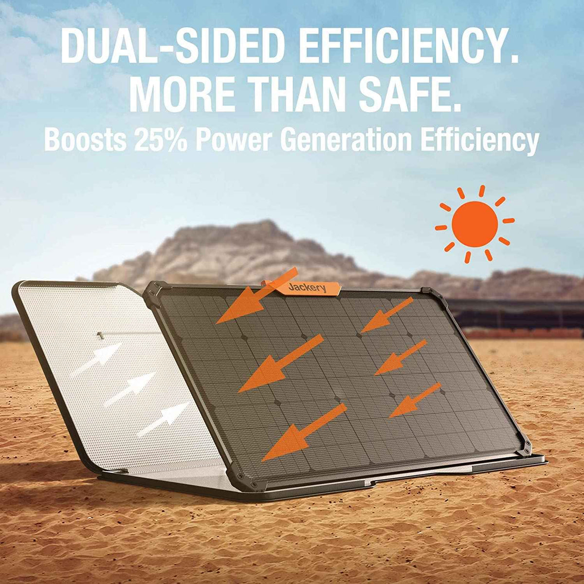 Solar panel with text about dual-sided efficiency and power generation in a desert setting