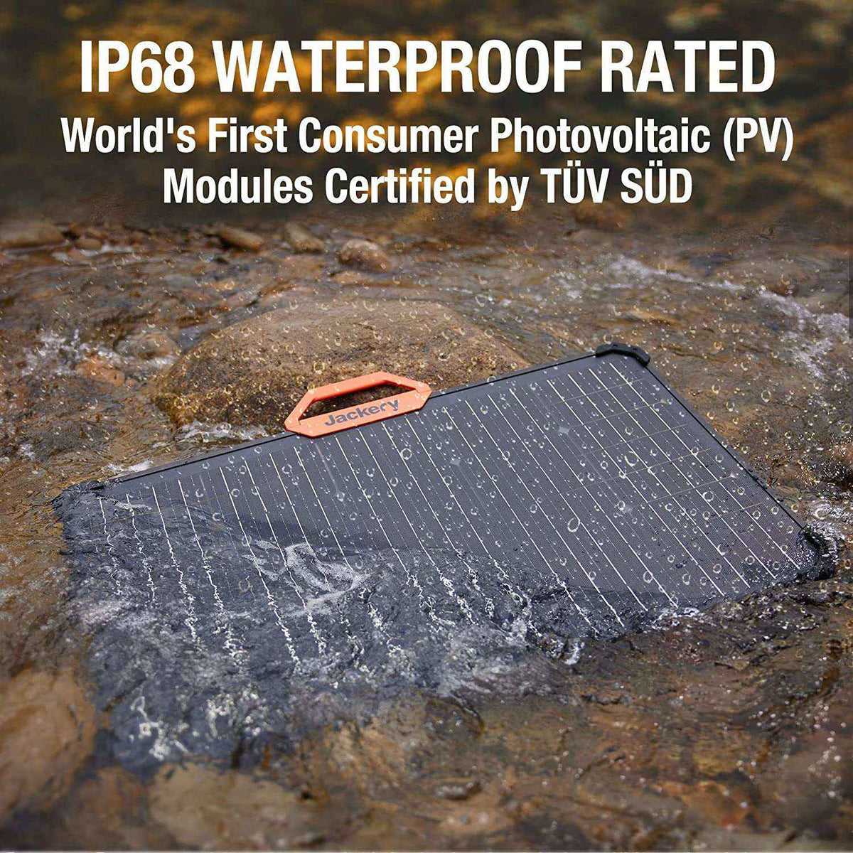 Solar panel on a rocky surface with water droplets, labeled as IP68 waterproof rated and certified by TÜV SÜD.