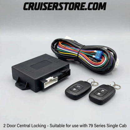 2 door central locking kit with control box, key fobs and wiring harness for LandCruiser 79 Series single cab on a white background