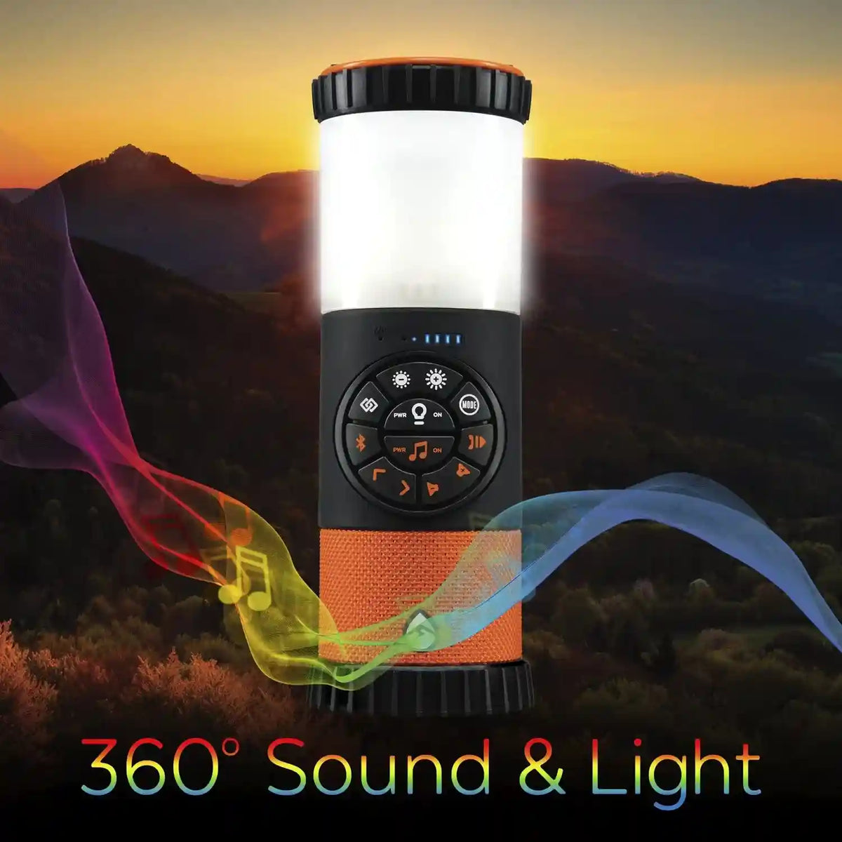Camping lantern with sound and light effects against a mountainous landscape