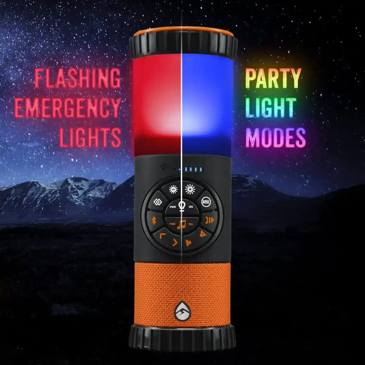 Multifunctional light device with emergency and party light modes against a mountainous night sky background.
