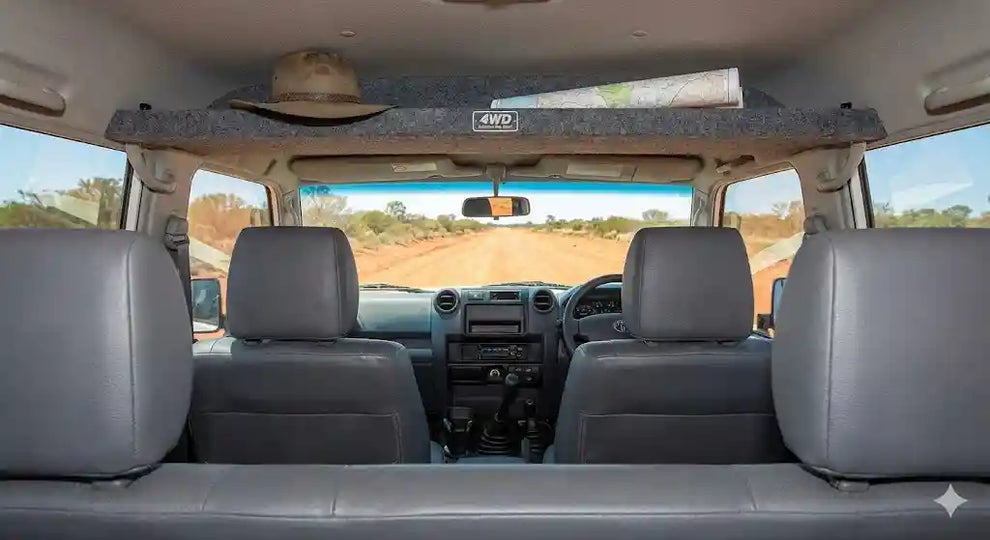 70 Series Interior Storage Solutions Toyota LandCruiser 70 Series interior showing a roof console and overhead shelf storage comparison
