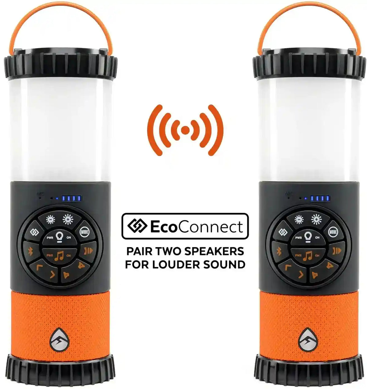 Two orange and black portable speakers with EcoConnect feature on a white background
