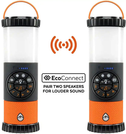 Two orange and black portable speakers with EcoConnect feature on a white background