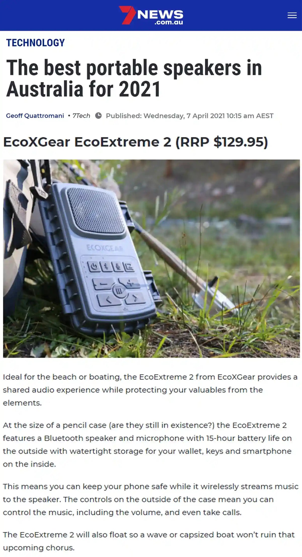 EcoXGear EcoExtreme 2 portable speaker on a grassy background with a news article headline about it.