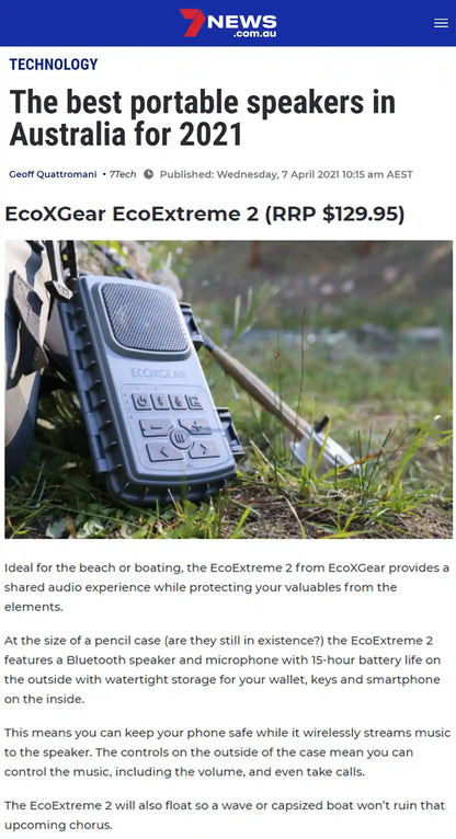 EcoXGear EcoExtreme 2 portable speaker on a grassy background with a news article headline about it.