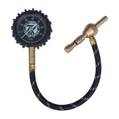 Tire pressure gauge with brass nozzle on a white background