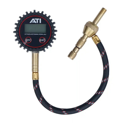 ATI digital tire pressure gauge with hose on a white background