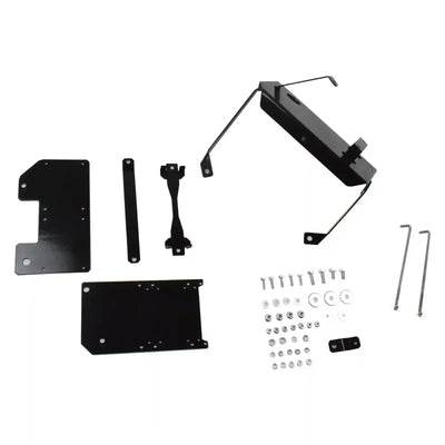 Set of black metal brackets and hardware components on a white background