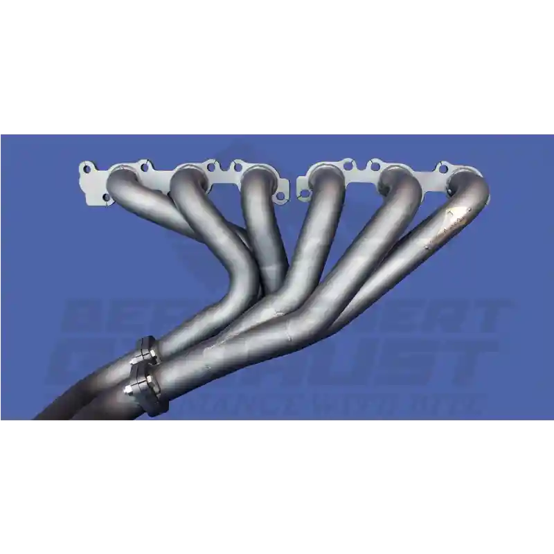 Metal exhaust manifold on a blue background with 'Bedeert Exhaust' branding.