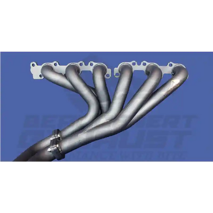 Metal exhaust manifold on a blue background with 'Bedeert Exhaust' branding.