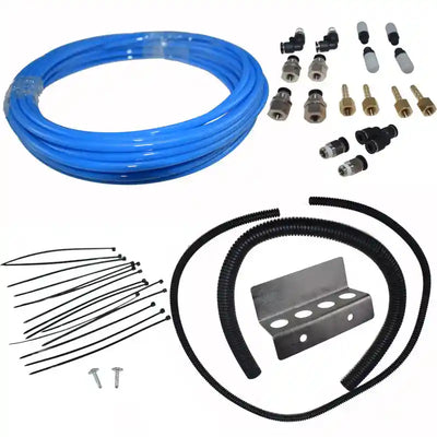 Pneumatic kit with blue tubing, connectors, and metal components on a white background