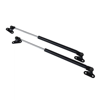 Two black metal Tailgate Struts on a white background