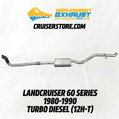 Exhaust system for Landcruiser 60 Series with branding and product details on a white background