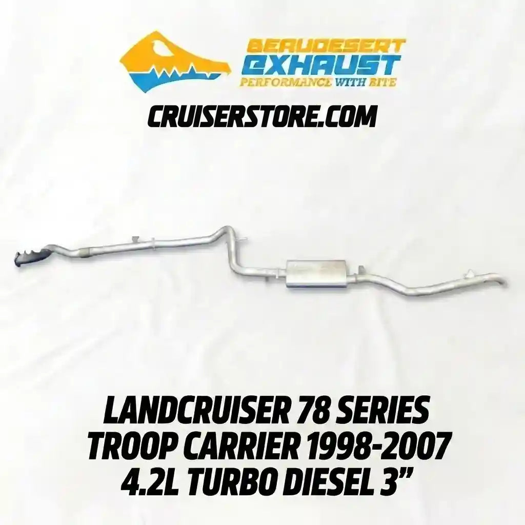 Exhaust system for Landcruiser 78 Series Troop Carrier with CruiserStore.com branding.