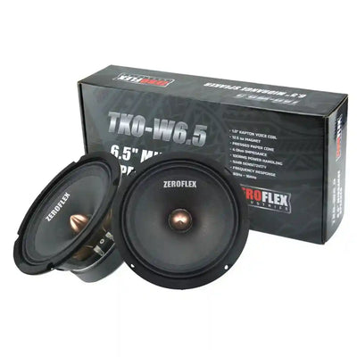 Two Midbass Speaker Drivers with 'Zeroflex' branding in front of their packaging box on a white background.