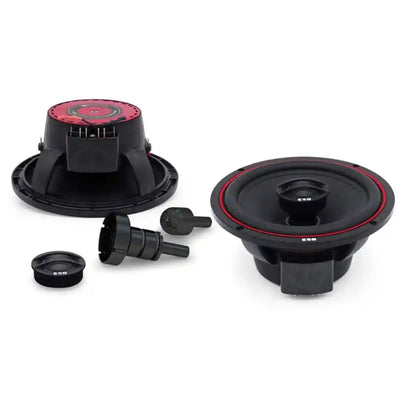 Two car speakers with components on a white background