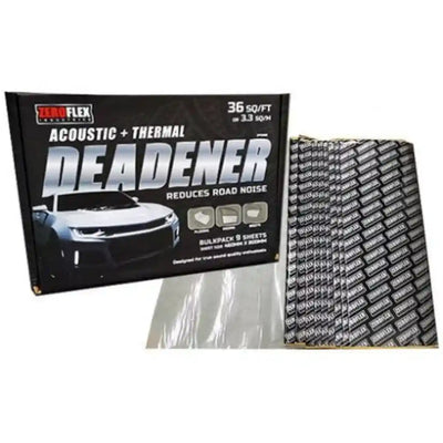 Acoustic and thermal deadener packaging with sheets displayed on a white background