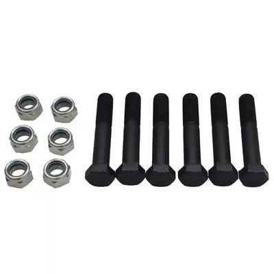 Set of black bolts and nuts on a white background