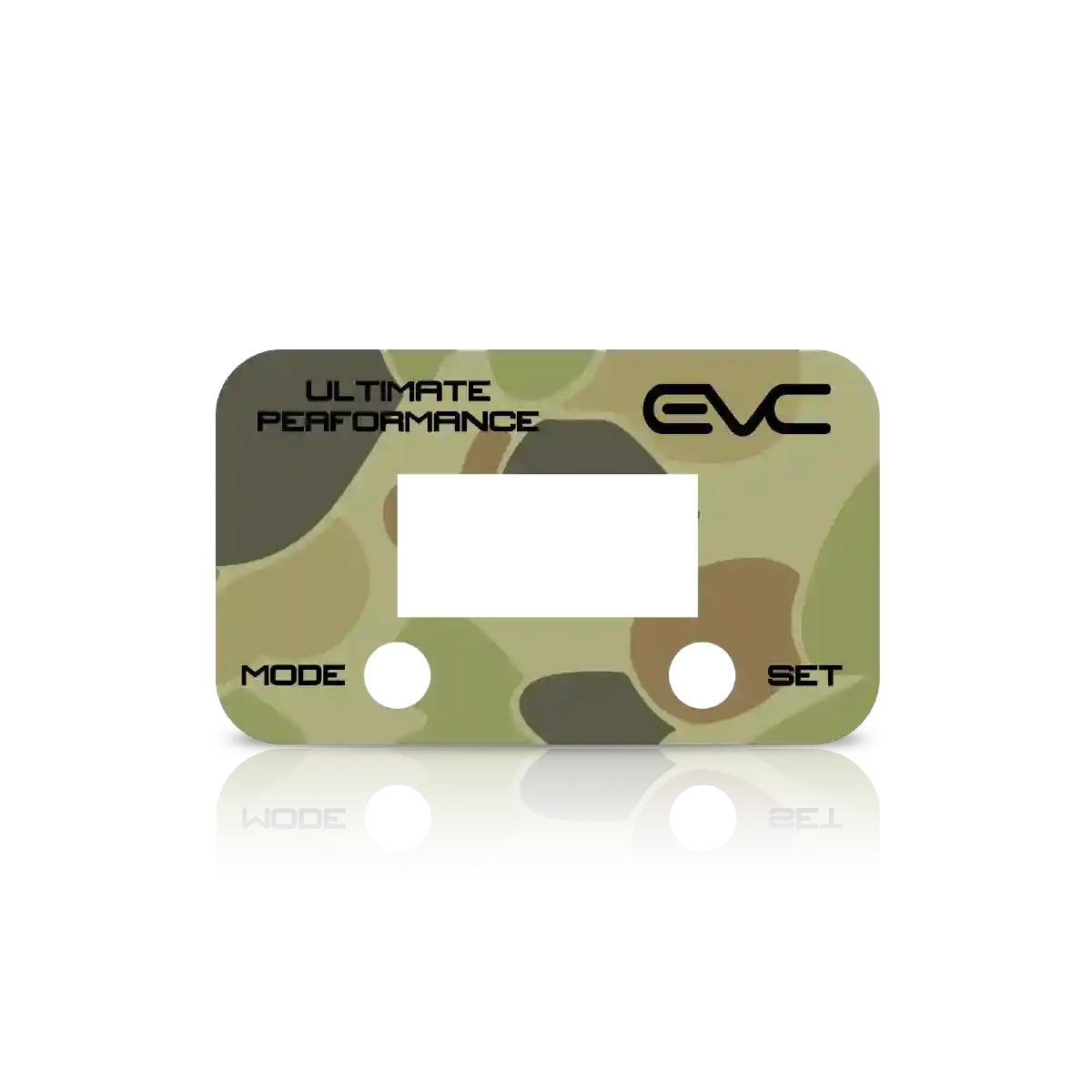 Camouflage-patterned controller Faceplate with 'EVC' branding on a white background