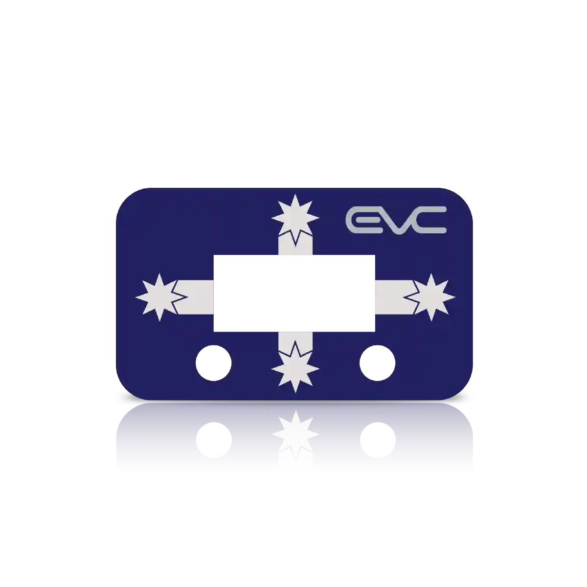 Blue and white metal controller Faceplate with EVC branding on a white background
