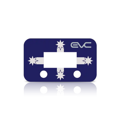 Blue and white metal controller Faceplate with EVC branding on a white background