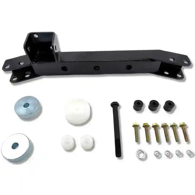 Mechanical parts including a large black metal bracket and smaller components on a white background